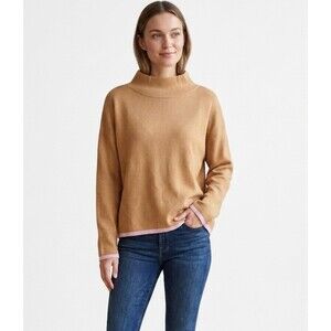 Maeve Anthropologie Tan Mock Neck Sweater Pink Trim Size XL Minimalistic